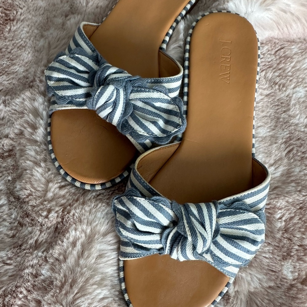 J. Crew Blue and White Sandals with Bow Detail